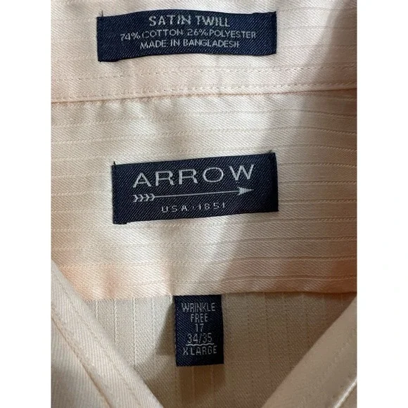 Arrow Men's  Long Sleeve Satin & Twill Dress Shirt Xl 17 34/35  Mango Pin Stripe - Picture 12 of 14